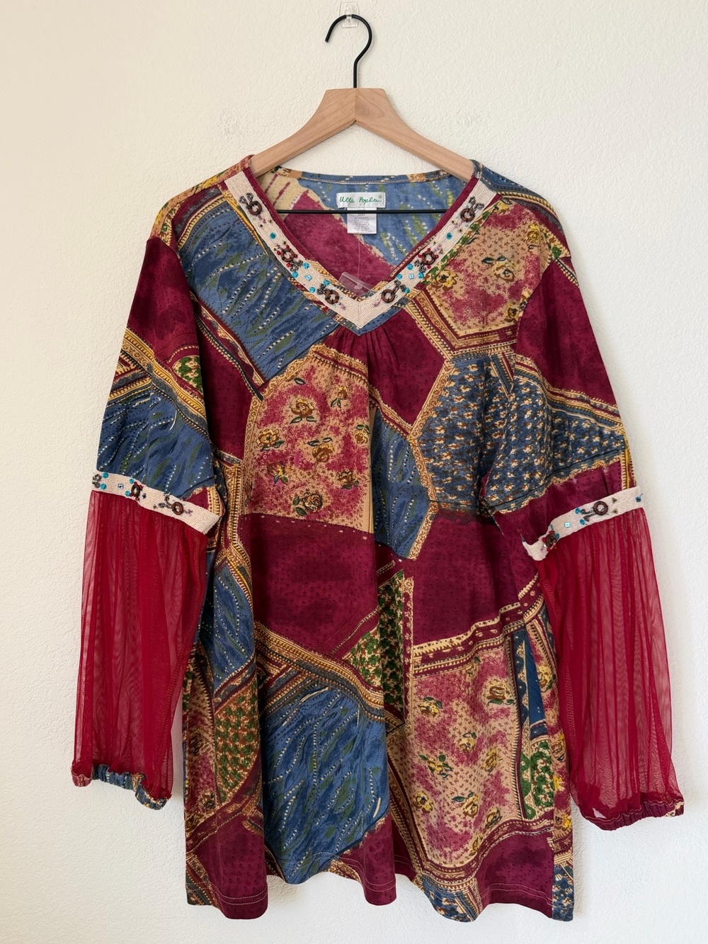 Ulla Popken Boho Patchwork Relaxed Fit V-Neck Tunic Burgundy Multi Size 20/22 - Picture 1 of 13